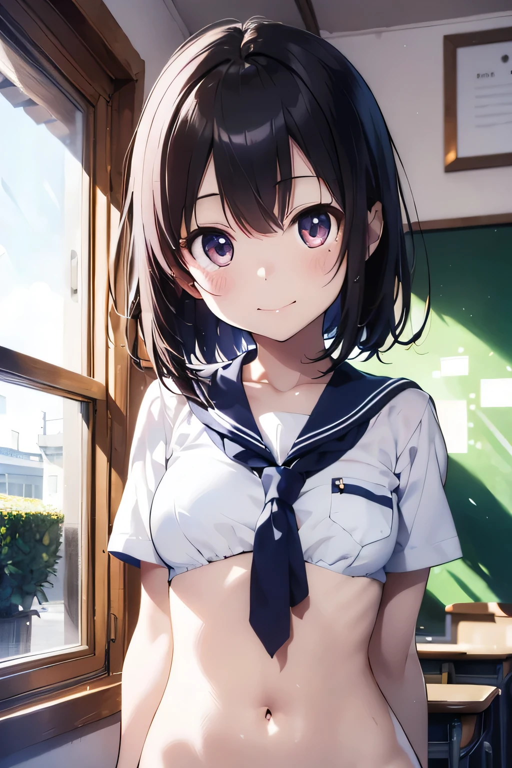 (extremely high quality artwork), (extremely detailed CG 8k), (masterpiece) ,(extremely cute girl), short, (innocent face), ((innocent smile)), shiny hair, (slim body), (small breasts), ((finely detailed beautiful eyes)), (eyes with brightness), look at viewer, arched back, ((nsfw)), ((school uniform)), (white sailor suit), no bra, (((lower body is completely naked))), (((no panties))), beautiful skin, pale skin, shiny skin, (bright color), vibrant colors, natural light, (glare), 
