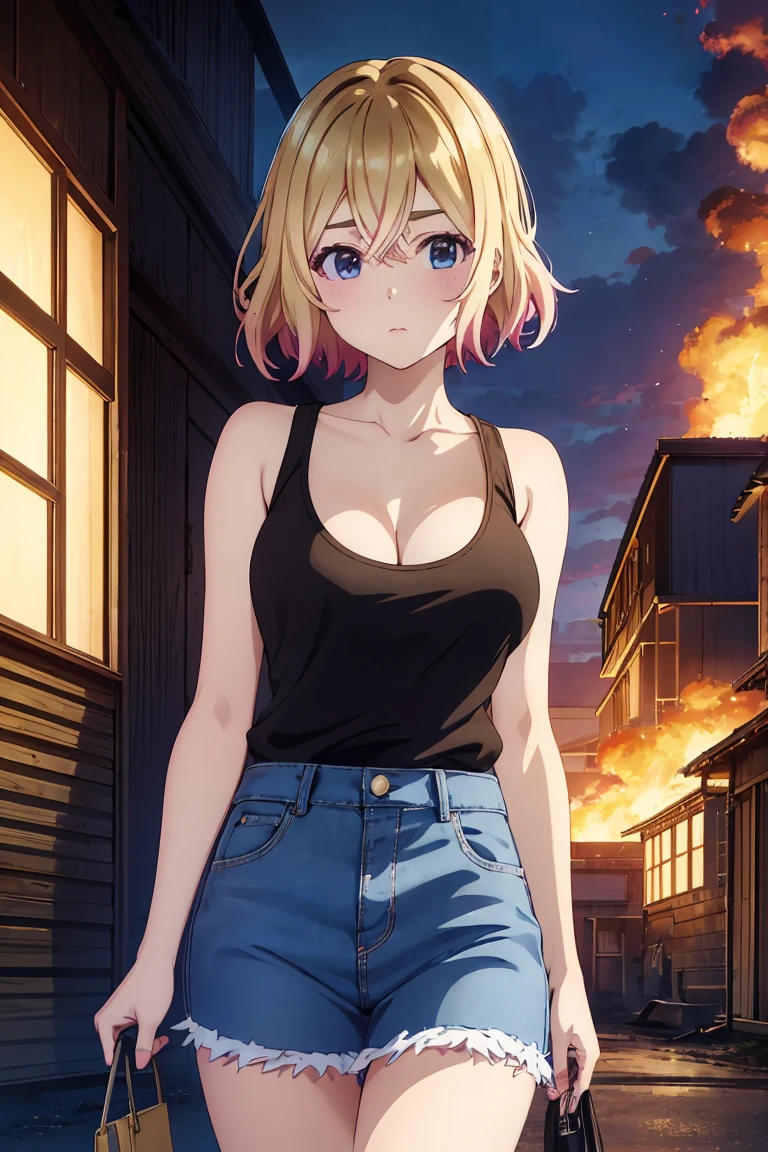 masterpiece, Highest quality anime illustrations, Super detailed,ultra high resolution、perfect lighting single girls, alone, Blonde、medium hair, anime , view at viewer,  cleavage in years、 black tank top、 sexy short denim skirt holding an ignited matchstick、at night、Old folk house entrance 、I have an ignited lighter、Building on fire、Big flames