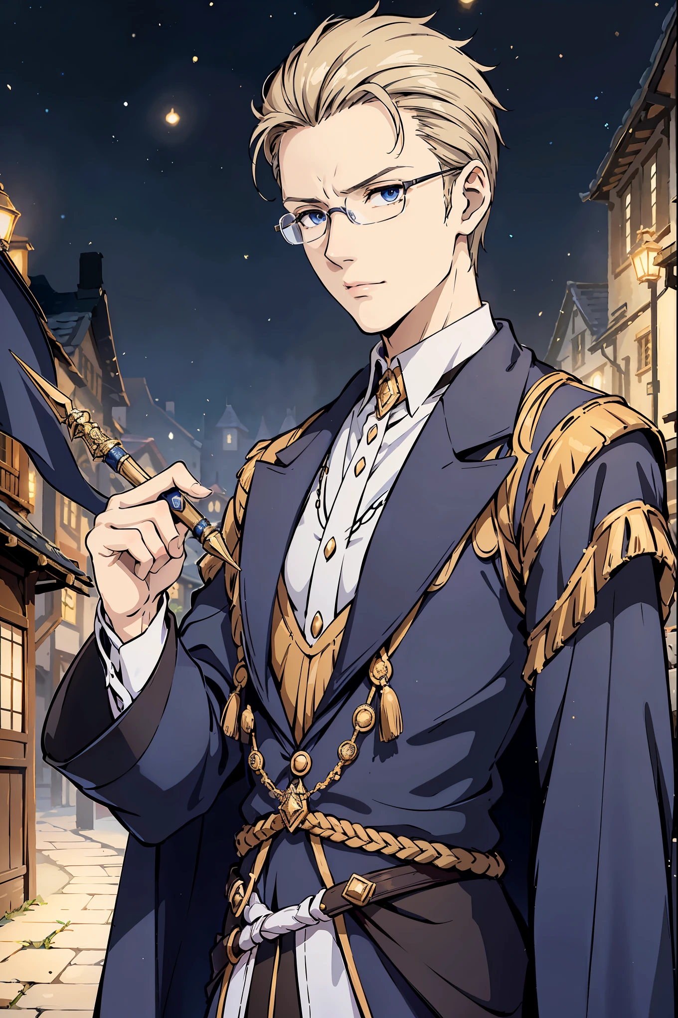 tall man, adventurers uniform, magicians robe, male magician, white dark blue gold robe, short blond hair, small glasses, magic wand, serious expression, sharp face contours, dark blue eyes, detailed eyes, small village background, old village background