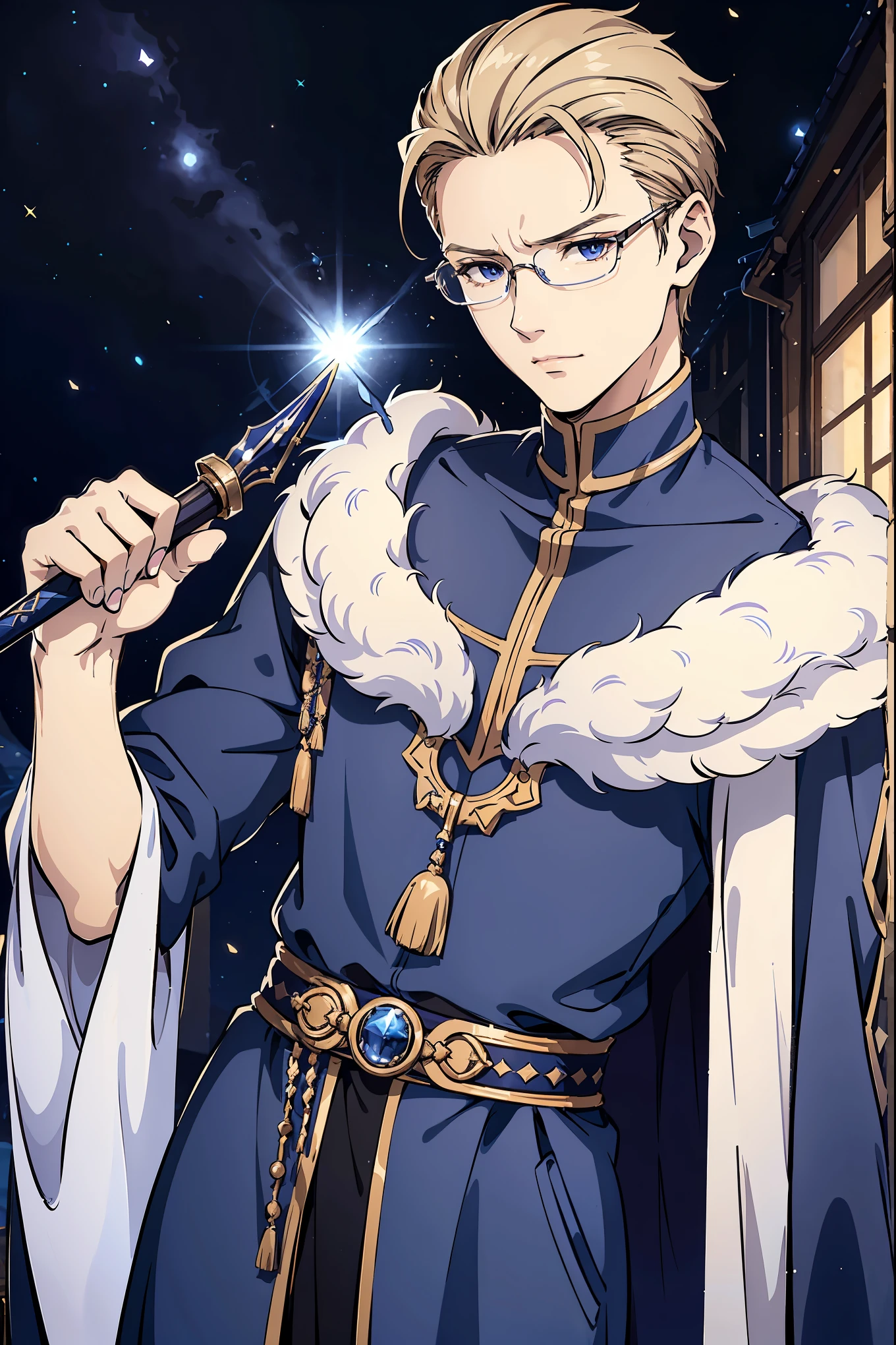 tall man, adventurers uniform, magicians robe, male magician, white dark blue gold robe, short blond hair, small glasses, magic wand, serious expression, sharp face contours, dark blue eyes, detailed eyes, small village background, old village background