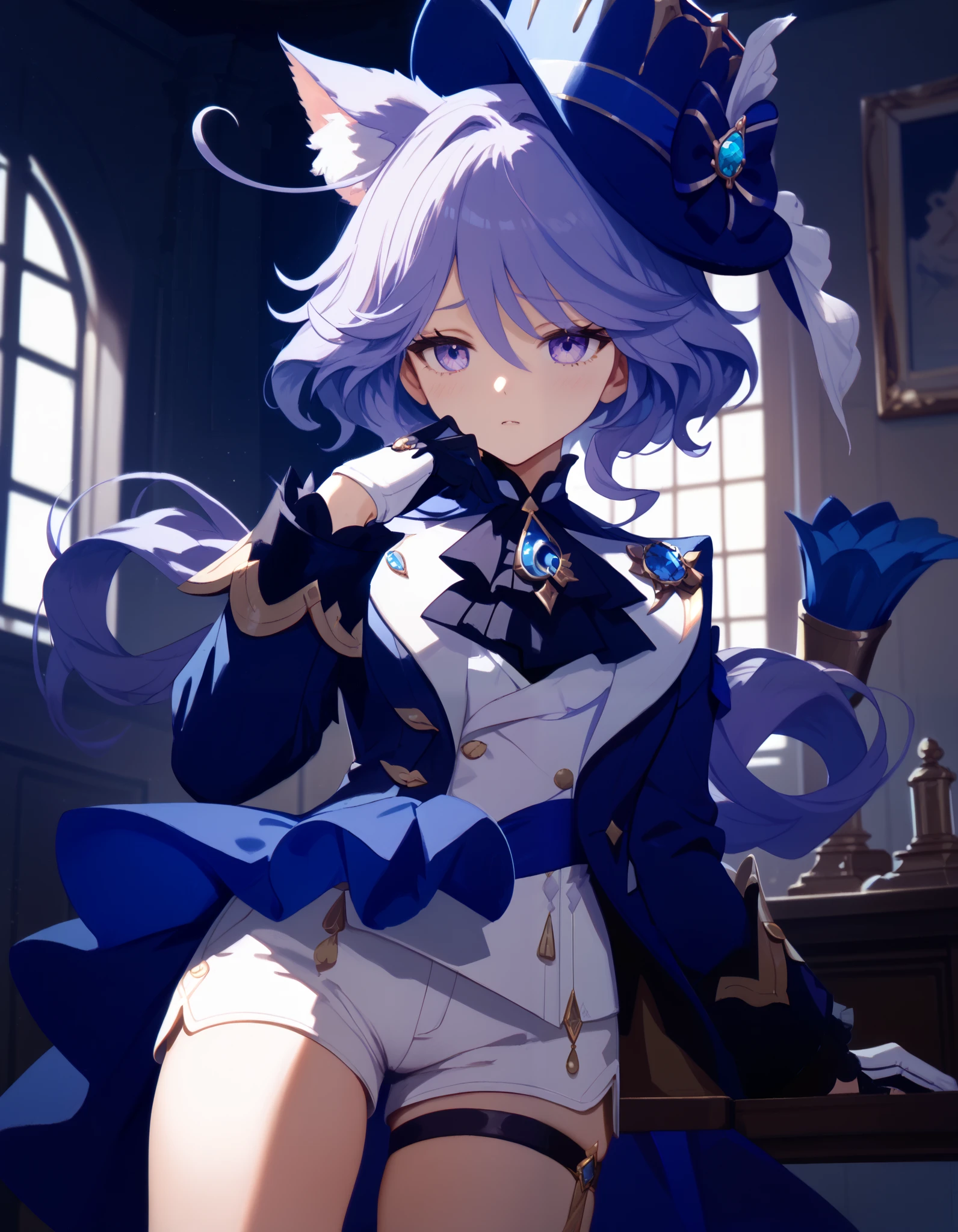 handfixer, 1girl, solo, furinadef, ahoge, blue headwear, top hat, jacket, ascot, brooch, long sleeves, black gloves, white gloves, white shorts, thigh strap, cat ears, fluffy ears, neko, cat girl, masterpiece, chews on a stick, shy, purple hair, purple eyes, room, highres, anatomically correct