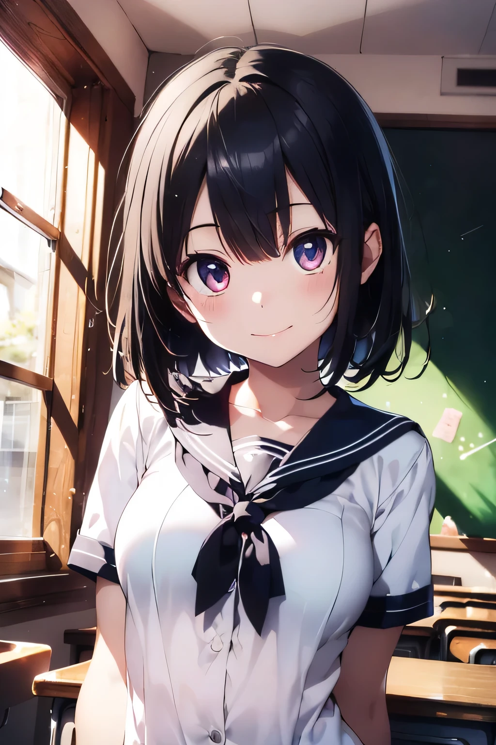 (extremely high quality artwork), (extremely detailed CG 8k), (masterpiece) ,(extremely cute girl), short, (innocent face), ((innocent smile)), shiny hair, (slim body), (small breasts), ((finely detailed beautiful eyes)), (eyes with brightness), look at viewer, arched back, ((nsfw)), ((school uniform)), (white sailor suit), (under boob), no bra, (((lower body is completely naked))), (((no panties))), beautiful skin, pale skin, shiny skin, (bright color), vibrant colors, natural light, (glare), 
