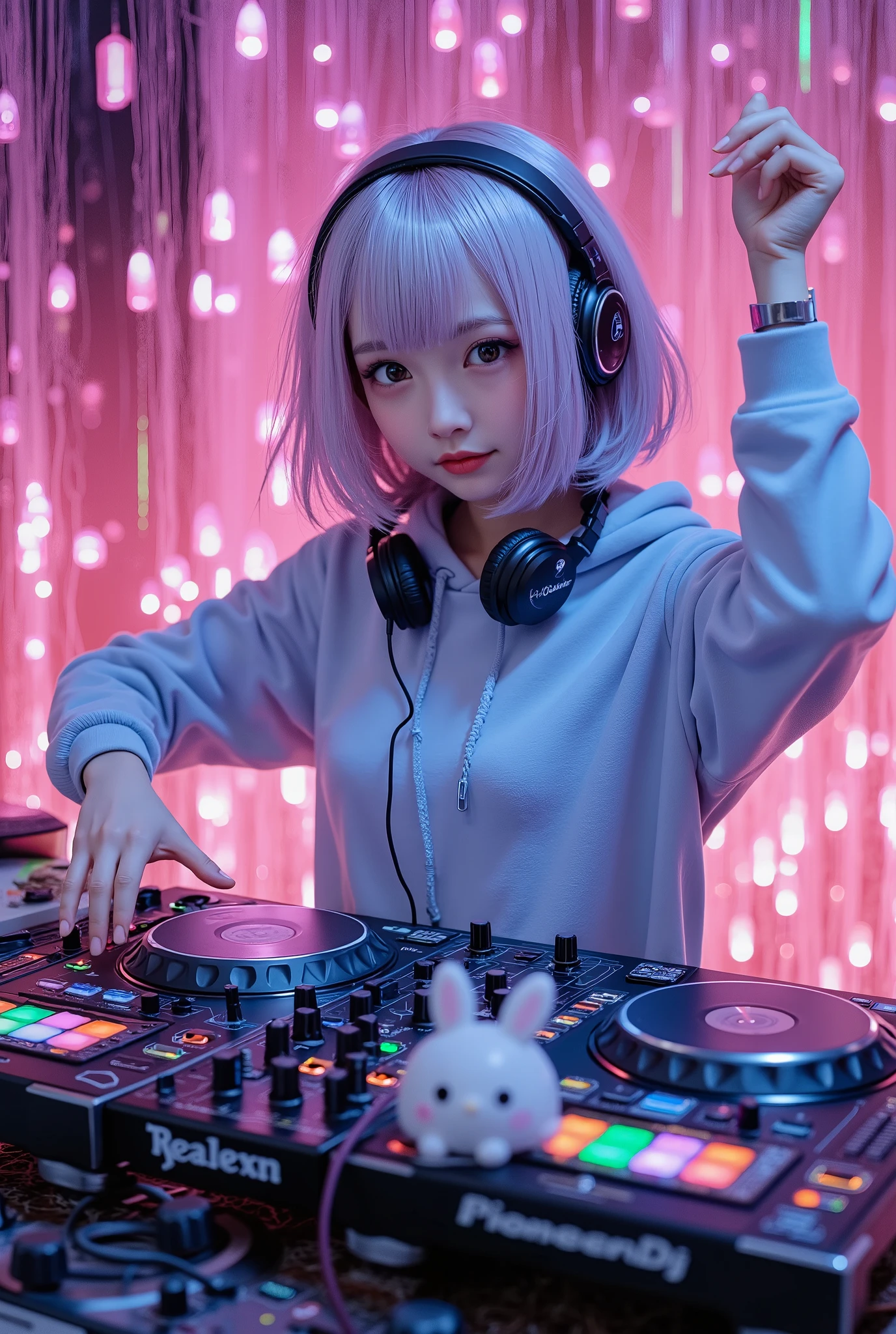 she's touching the turntable with her left hand 、年越しのパーティのMr.です。 you can see a girl playing DJ on stage 、 headphones\(mdr-cd900st \) is hanging around her neck 。 has raised her right hand wide and 、 it's a symbol of high tension 。 DJ controller in front of her \(Pioneer DJ HDJ -CUE1、Pioneer DJ DDJ-FLX4\) is installed outside 、 DJ controller in the back of Hatsune Miku 。 (There is cute-mascot on the end of her DJ controller.cute-mascot/(chibi girl,bob hair,silver hair color,rabbit ear,A sleepy-looking,wearing a loose light blue hoodie,this is trk/)), please focus on her dynamic DJ play、Mr.々 colored laser lights pouring down 、She's illuminated with that light 。 there is a very loud sound coming from a very loud speaker。 the atmosphere of enthusiasm and high tension 、 psychedelic 、 Photorealism 、