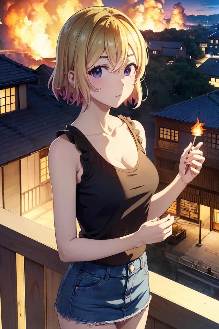 masterpiece, Highest quality anime illustrations, Super detailed,ultra high resolution、perfect lighting single girls, alone, Blonde、medium hair, anime , view at viewer,  cleavage in years、 black tank top、 sexy short denim skirt holding an ignited matchstick、at night、Old folk house entrance 、I have an ignited lighter、Building on fire、Big flames