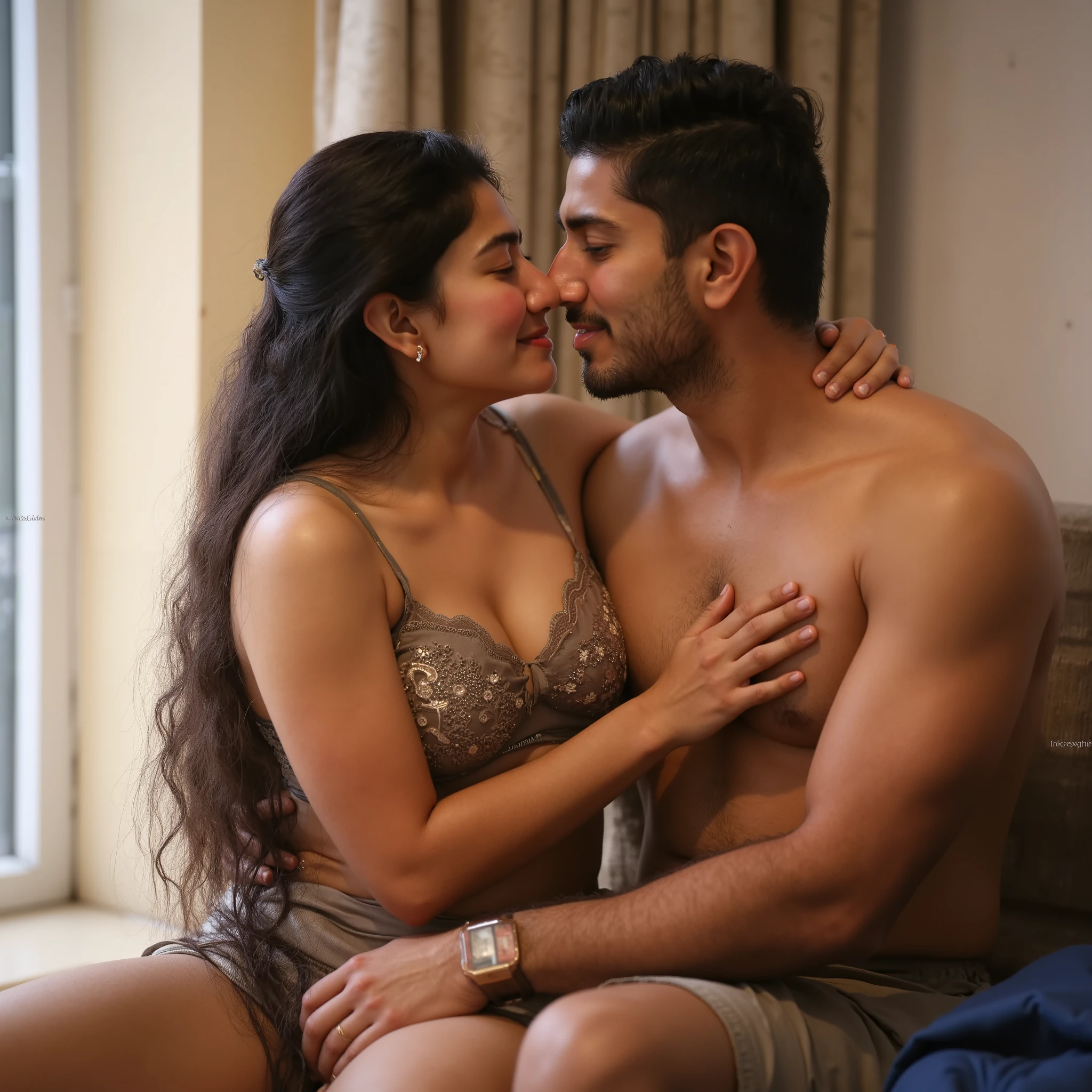 Amazing portrait of a sexy woman who is a MILF and a neighbour with her black hair in a bun wearing a saree kissing and making out passionately with her male neighbour on her bed in an intimate setting