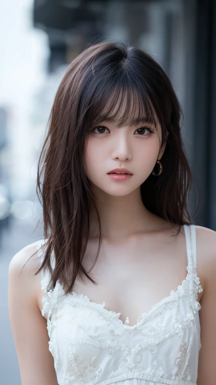 (Highest quality, Very detailed, masterpiece:1.2), 1 women, Very thin body, length, Thin legs, ((Black wavy short layered cut hair hair:1.2)), ((Thick and fluffy bangs)), Very detailedな顔,A faint smile, small, Thin Nose, small thin mouth, Extremely sharply focused eyes, Japanese, Beautiful Face, Realistic eyes, Beautiful and beautiful eyes, Realistic Skin, Beautiful Skin, charm, (A vivid face), Beautiful Hairstyles,((Over Size Tシャツ)),脇を見せる,腕を上げる,Creepy and unique hairstyles,下からのアングル, High resolution, Vibrant color palette, Mysterious and mysterious stone wall, Amazing place,Characteristic dark shadows and strange details, background, Backwards