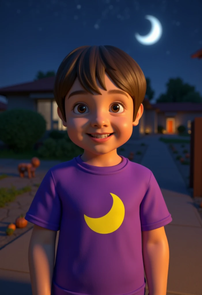 3D illustration of A young boy, 5yo, wearing a purple t-shirt with a yellow half moon graphic design, on halloween night. 