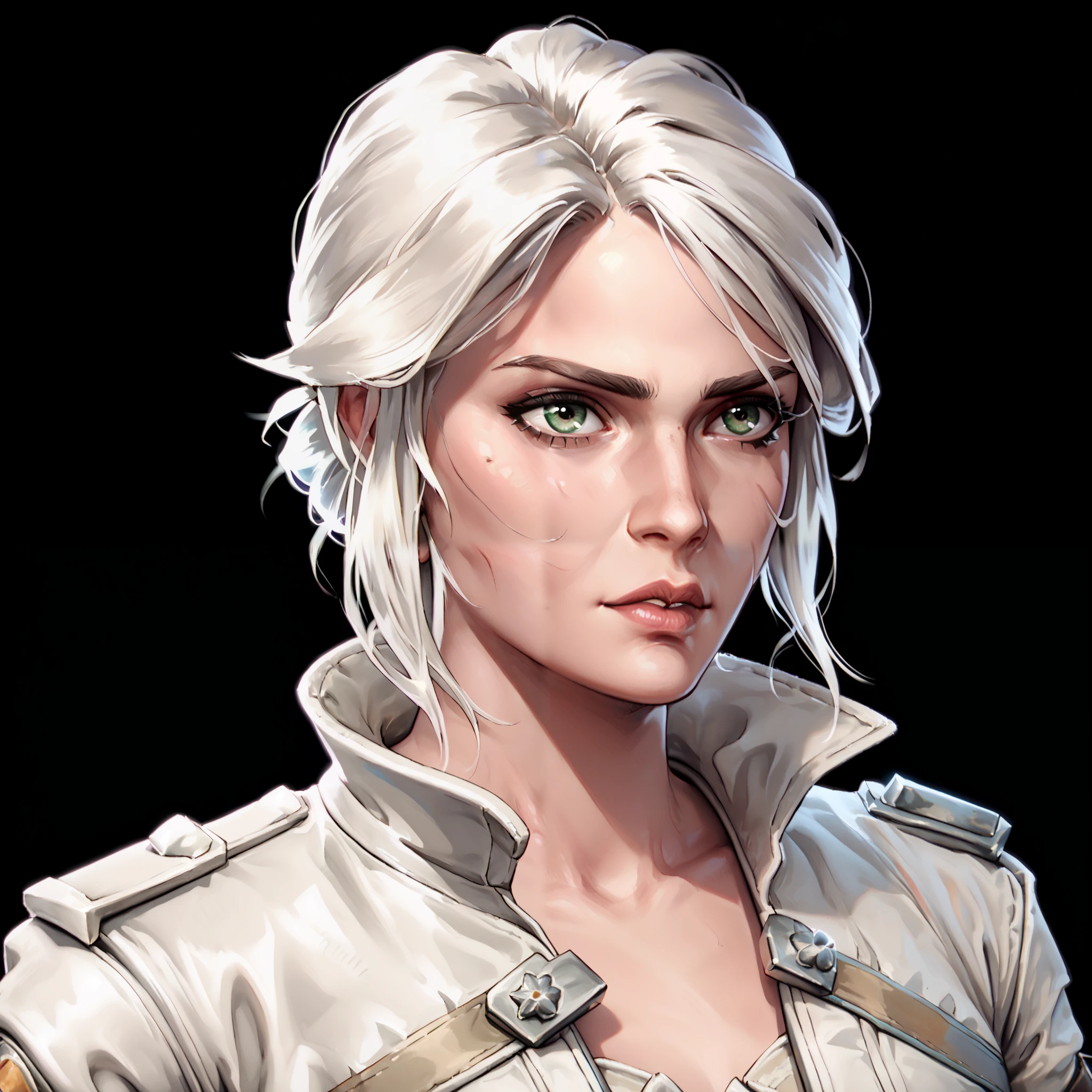 one woman, ciri, (green eyes:1.2), white hair, (upper body:1.3), (black background, clear background:1.5), (white military jacket:1.2), (studio lights, deep shadows:1.3), (small chest:1.2)