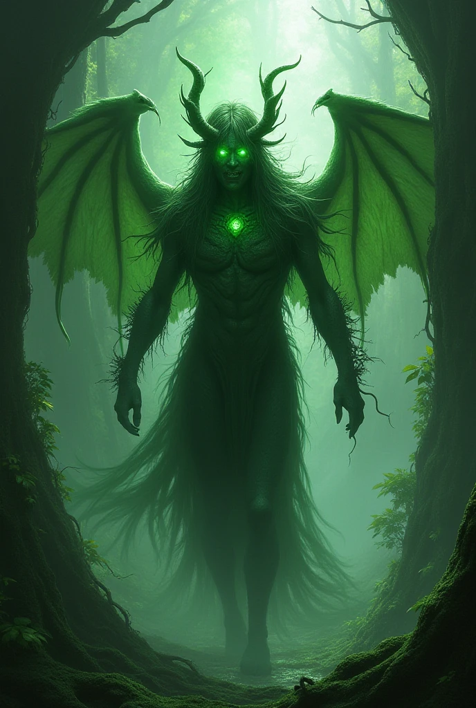 A dark mass in which a mage dressed in a buck's head and bones draws strength from a green fire expand her body giving black green reddish wings make her face wolf and colour adjust lowest make him more Evil Megha Re Man