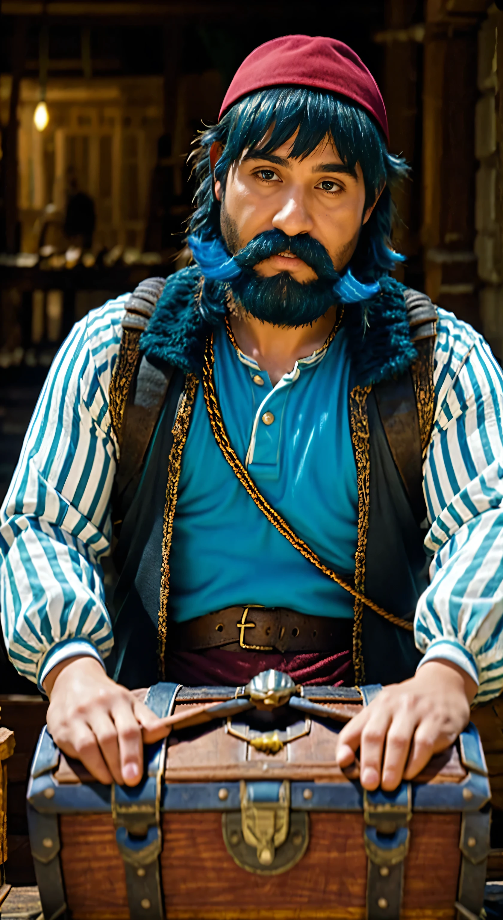 .(masterpiece, best quality:1.2), 1male, Alone、blue hair.((Beard))、 red hat, (Looking at a huge treasure chest :1.5).    This scene captures a sense of curiosity and surprise,  Reflects the setting of a fantasy adventure .deep Dungeon、backview