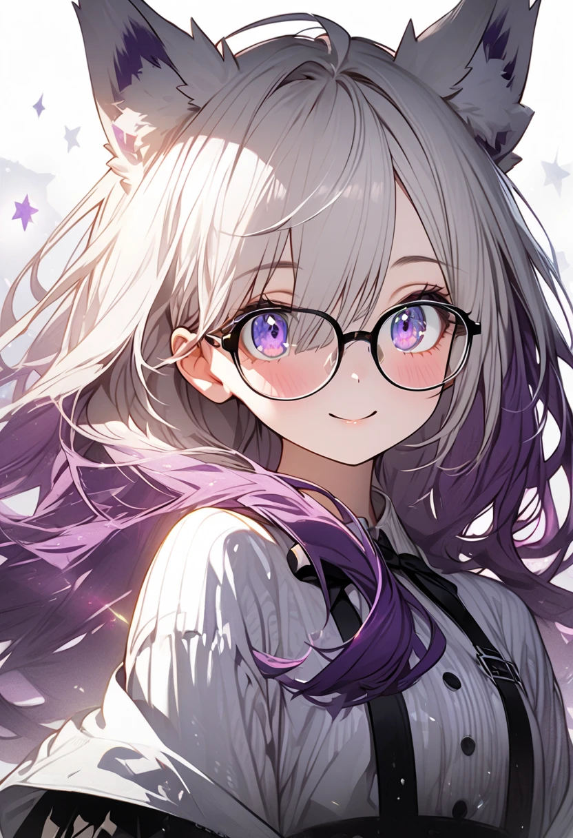 a girl, looking at viewer, long hair, white hair, gradient hair, purple hair, with star-shaped irises, big eyes, off shoulder, gothic lolita, glasses, upper body, hyper detailed, shining lights, double exposure, intelligent, with fox ears, cute face, chemist, glad, shiny hair, hair over one eye, petite, straight hair, odd eyes, cheerful, dancing