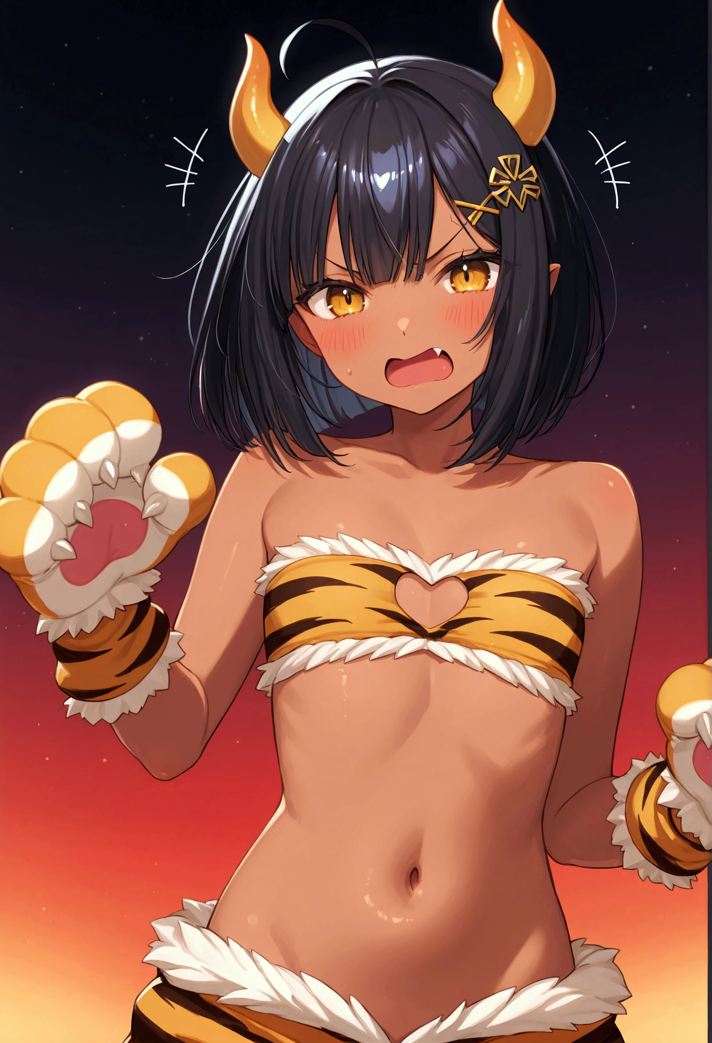 1 beautiful girl, tiger print bikini, tiger ears, tiger tail, tiger hand, tiger paw, tiger fingers, sharp claws, sharp fangs, hunter's eyes aiming at prey, black hair and blonde mesh, sharp eyes, height 177cm, three sizes B95W60H90, knees and hands on the ground aiming at prey in a fours position, master-piece, hyper quality, hyper detailed, perfect drawing,CG,3D,8k,illustration
