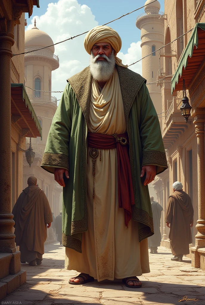 Make a large-bodied turbaned cleric in a rumpled robe in the city of Medina