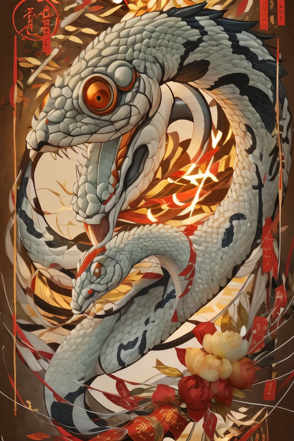 ( top quality:1.2)。 nocturnal ghost。Mysterious beautiful white snake。( happy new year)。