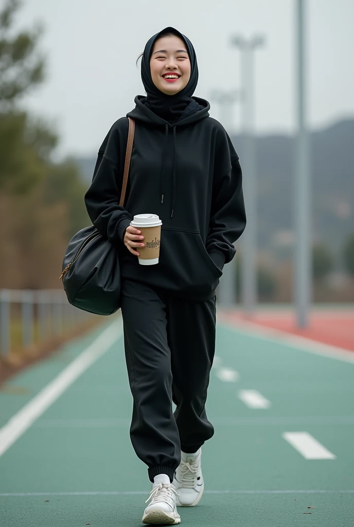 with black headscarf, barefoot,  Woman in black tracksuit undresses in park 