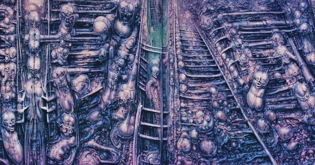 g1g3r, Giger_style, The image is a detailed view of H.R. Giger's \" Li II \" plate, featuring a complex network of bones and organs in a purple-brown hue ,swirling gray and brown colorsgroup of three alien figures positioned in the foreground.  Emaciated and skeletal, with hollow eyes, they appear to be constructed from bone and  metallic  elements,  a  characteristic  fusion  of  organic  and  mechanical  forms  found  in  Giger's  biomechanical  art.  
 The image features a robotic humanoid figure with intricate mechanical details, standing in a room and a hand reaching out to touch its face.  The background is a dark and  limited  space  painted  in  a  uniform  blue-green color.  This  lack  of  detail  keeps  the  focus  on  the  figures  and  creates  a  sense  of  mystery  about  their  environment.  Receding into the distance  are  a  series  of  arches  and  tunnels  that  hint  at  a  larger  biomechanical  landscape,  possibly  the  work  of  the  creatures  themselves The artwork is silver and purplish brown, with an ivory bones prominently displayed. The image is highly detailed and intricate, almost like a 3d version of a medical diagram (detailed view of an anatomy model, possibly of a human body, with transparent organs and bones exposed). The piece has a thick mechano-organic texture and is covered in fine details. The image has a swirling, organic quality to it. The artistic manner would be unmistakably Gigeresque. A dark and unsettling beauty would permeate the piece, blurring the lines between fascination and repulsion , forever haunted by the grotesque allure. Giger's signature artistic manner would be evident in every stroke. The airbrush would be wielded with masterful precision to create a hyperrealistic yet nightmarish aesthetic.., ooze soaked pajama top
