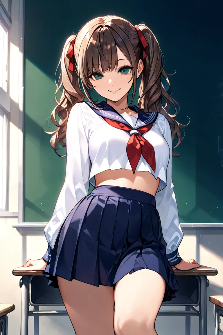 ((8K masterpiece,highest quality)), ultra high resolution, hyper detail, (1 girl), beautiful face, beautiful and delicate eyes,((red eyes)),Big eyes,shining eyes of light,Thin and long eyelashes,detailed light,((brown hair)),((long hair)), ((twin tails)),big breasts,school uniform,hair clip,hair ribbon,blitz short skirt,white knee high socks,light pink panties, Panty Pose, panty shot, (grinning smile),troubled face,(please open your mouth wide),(classroom),stand in the center of the screen,blue sky with clouds, Nice views, rainbow in the sky, particles of light, daytime, sunbeam,gust of wind,sense of speed, cowboy shot