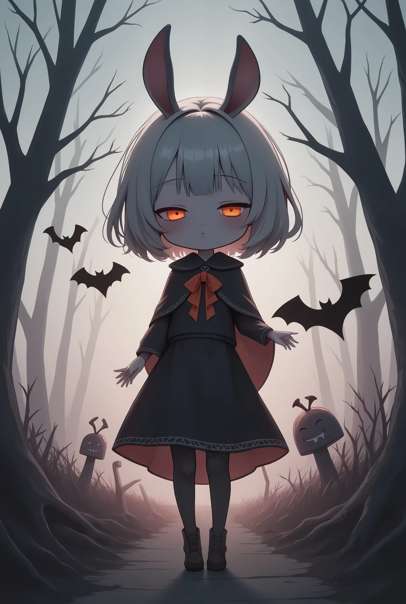 Flat Design, Silhouette Art,anime style, 1chibi character\(short hair, bunny ears, closed eyes,white skin,peaceful expression,hzk,trk,[dark gothic illustration:dreamy illustration:0.3],\),solo,gentle glow, gradient background,gray and soft blue and soft pink, derelict graveyard, focus on silhouette symmetry,best quality, minimalism, simple background, 