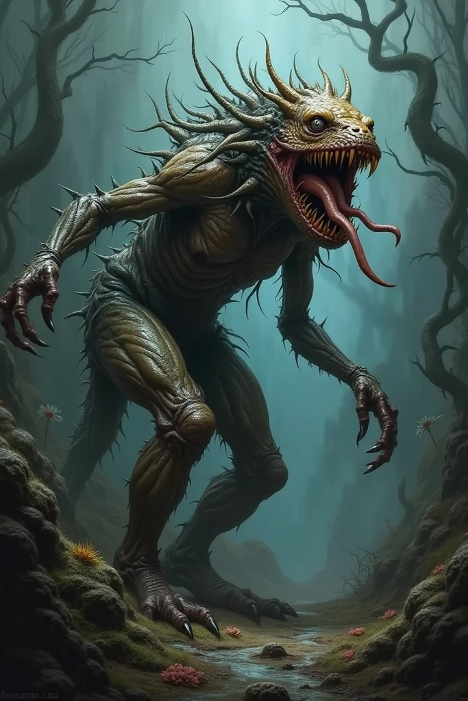 A man fused with a wendigo, crocodile skeleton with rhinoceros horn, bald tree roots, xolo dog skin and sewn like Frankenstein and sewing black saliva from his mouth and empty sockets, his mouth opens to disturbing levels Crooked man suffering 