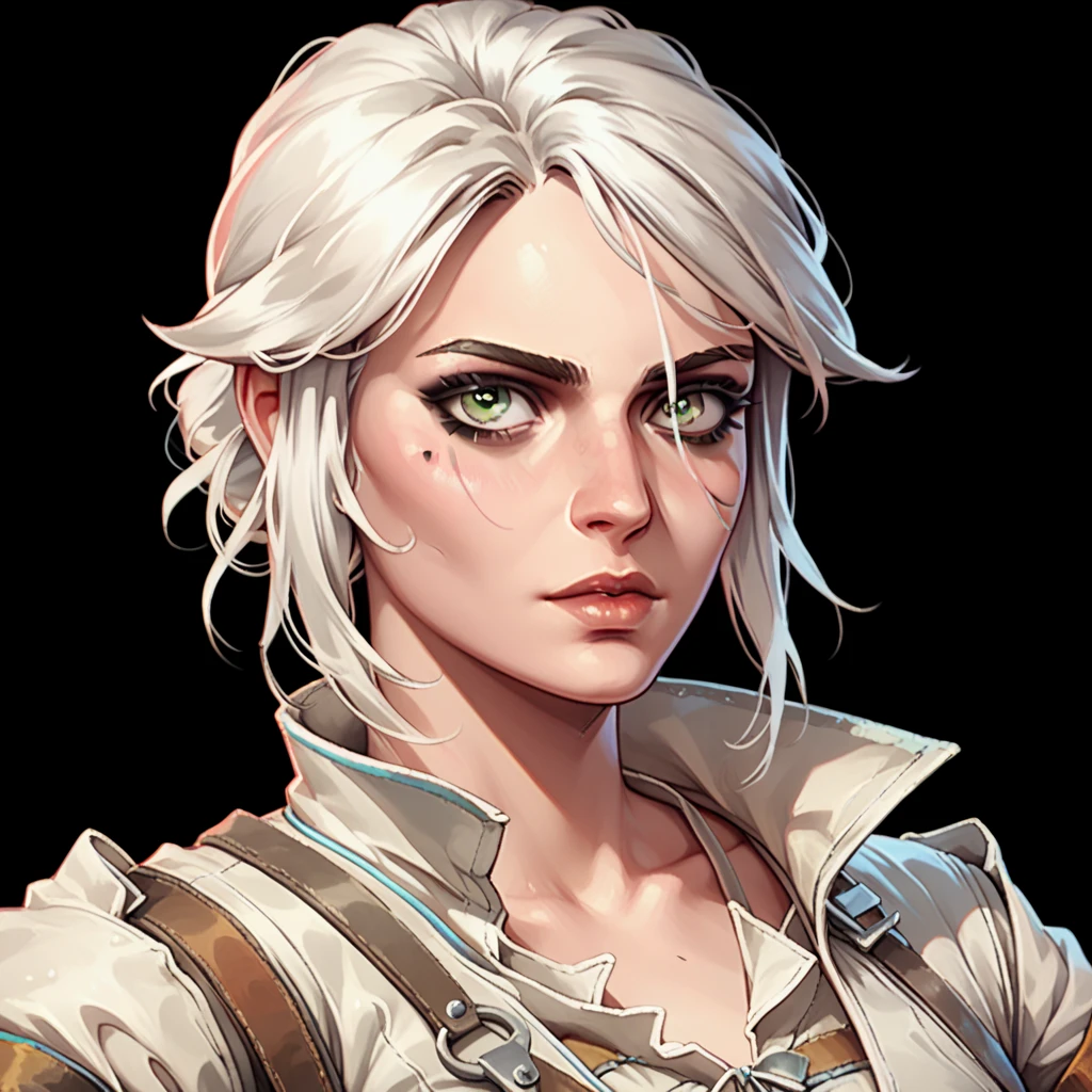 one woman, ciri, (green eyes:1.2), white hair, (upper body:1.3), (black background, clear background:1.5), (white military jacket:1.2), (studio lights, deep shadows:1.3), (small chest:1.2)