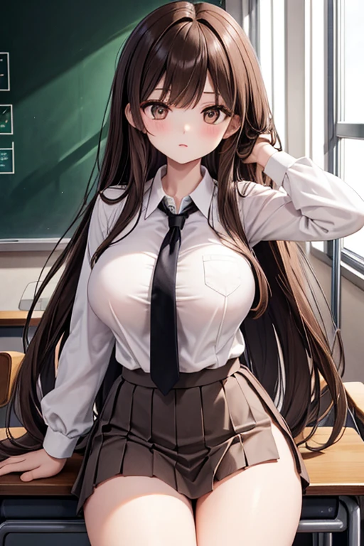 masterpiece, highest quality, anime, very detailed, 1 girl, alone, school uniform, Are standing, classroom, moniker, green eyes, brown hair, very long hair, ponytail, hair ribbon, white ribbon, sexy pose, sexy look, huge breasts, thighs