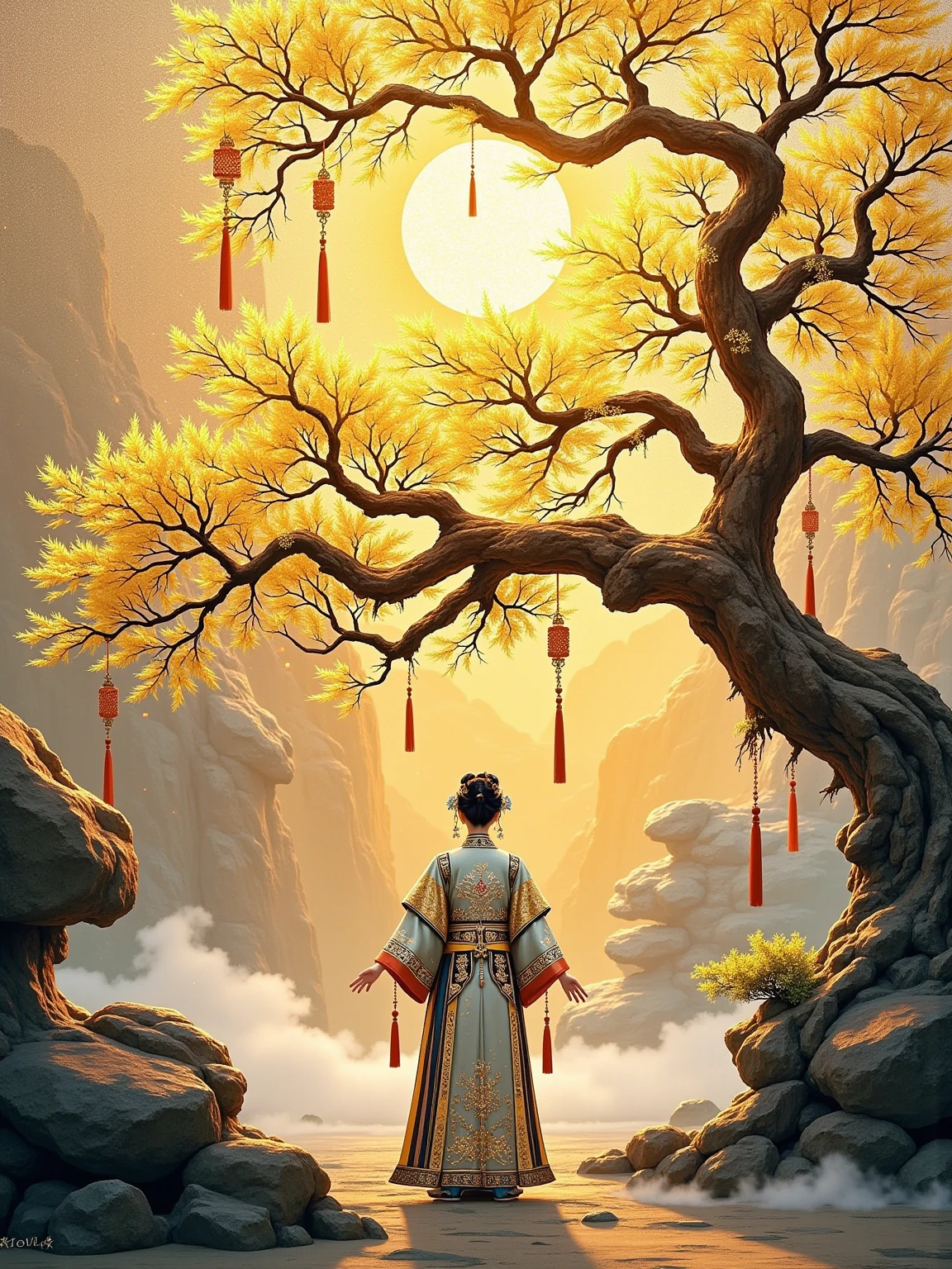 ((( gold leaf rock painting )))， minimalism，Ink painting mood， low saturation colors presenting ，Simple and atmospheric ， High brightness colors with ，((( elegant watercolor painting )))，(((Gold silhouette)))， showing the Chinese mood ,  under ink smudging ， with golden trees ，(( with low saturation colors showing the background of a practitioner under the {x} tree))，(((Positive angle)))，( faces the audience:1.6)， creating an epic scene ，Beautiful light effect ， HD picture ， with large white space 