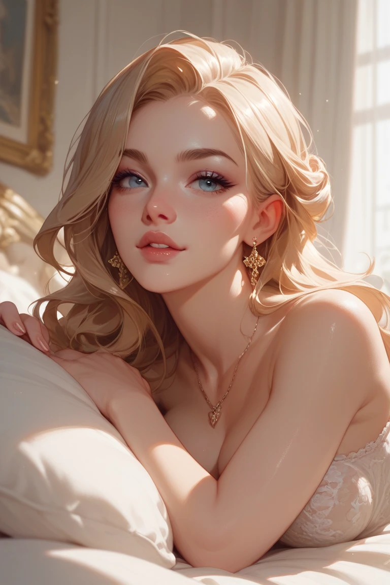 Lying in bed,A woman in a see-through gown with Margot Robbie's face, highest quality, Very detailed, 1 girl,Redhead, Long braided hair, Golden Eyes, bangs, Naked Women,Very small pointed breasts, Thin legs,Looks lewd,, (bad: 1.2),Exposing breasts,Spread your legs,Full Shot, Crisp contrast, Beautiful fine details,White panties,I can see your underwear,