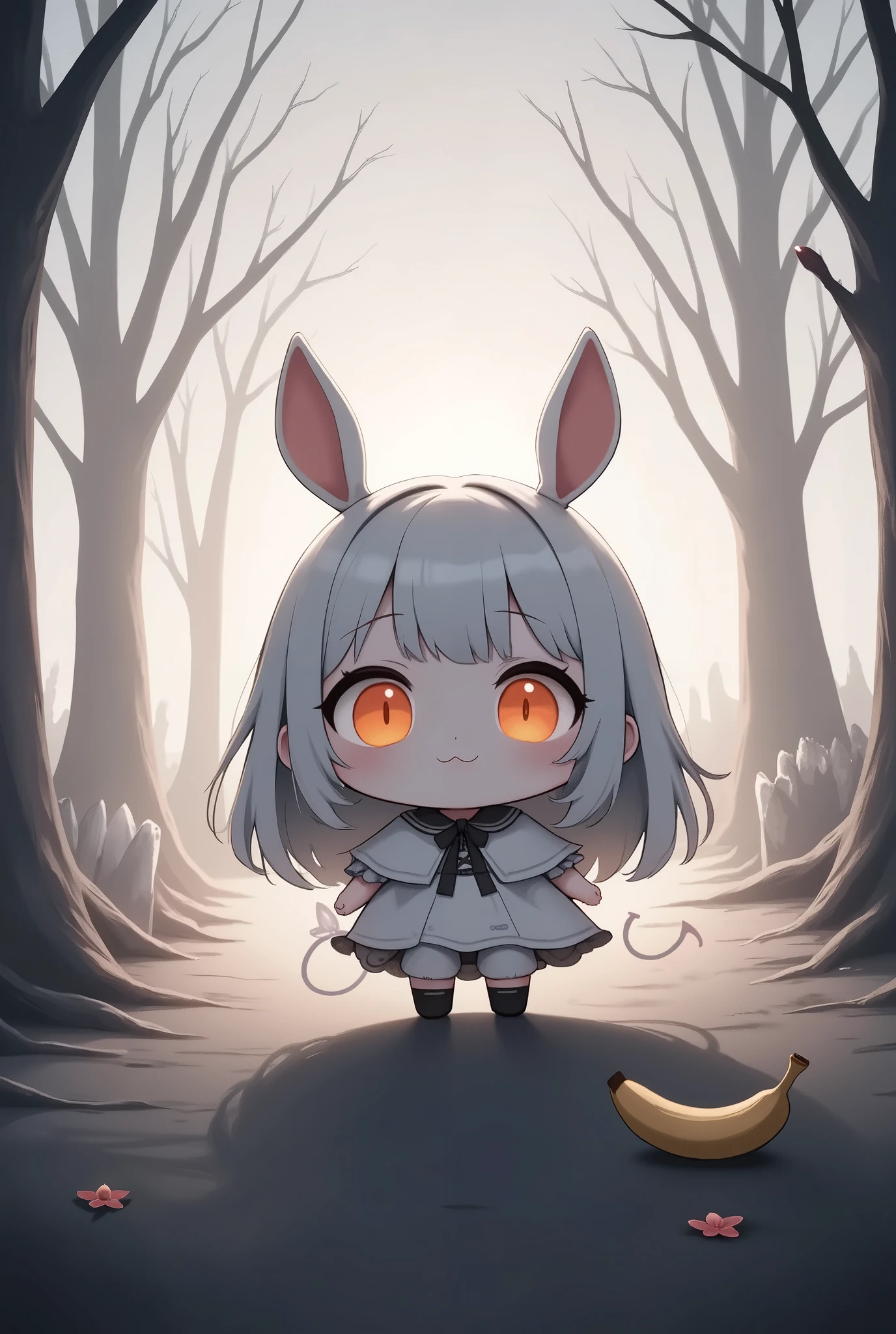 Flat Design, Silhouette Art,anime style, 1chibi character\(short hair, bunny ears, closed eyes,white skin,peaceful expression,hzk,trk,[dark gothic illustration:dreamy illustration:0.3],\),solo,gentle glow, gradient background,gray and soft blue and soft pink, derelict graveyard, focus on silhouette symmetry,best quality, minimalism, simple background, and 1banana falls on the ground.