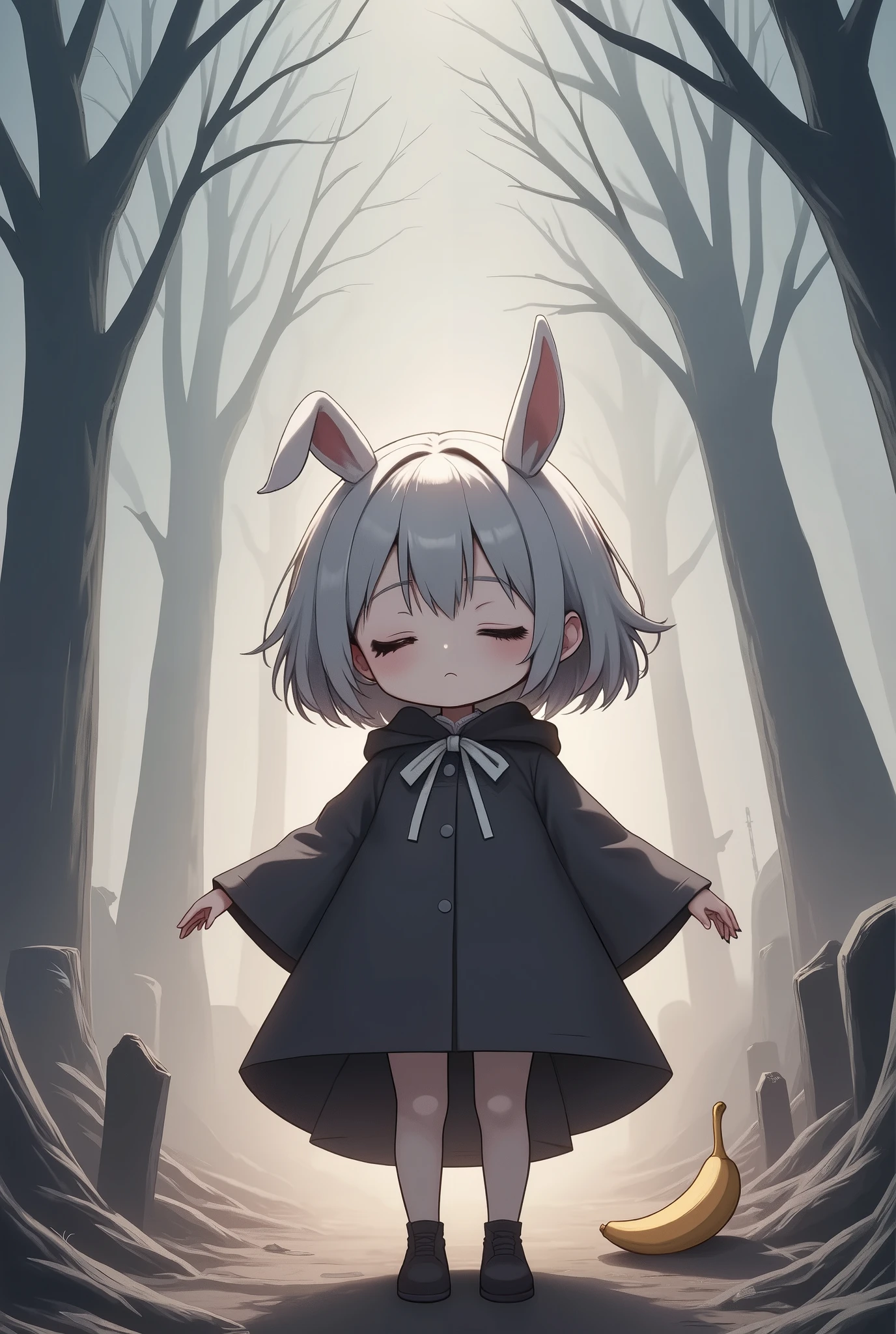 Flat Design, Silhouette Art,anime style, 1chibi character\(short hair,silver hair color,white bunny ears, closed eyes,white skin,peaceful expression,hzk,trk,[dark gothic illustration:dreamy illustration:0.3],\),solo,gentle glow, gradient background,gray and soft blue and soft pink, derelict graveyard, focus on silhouette symmetry,best quality, minimalism, simple background, and 1banana falls on the ground.