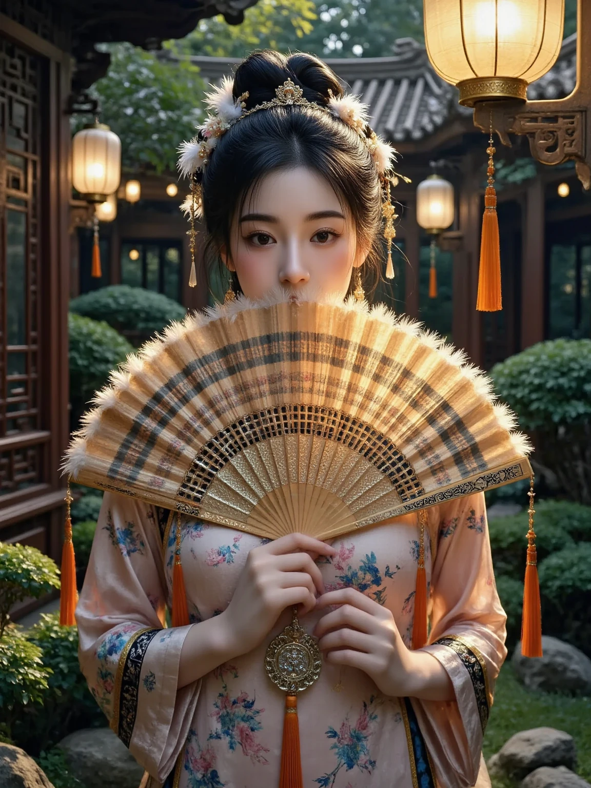 Ultra realistic portrait, Stunning delicate and refined Chinese woman stands in a quiet garden, holding a magnificent, exquisitely crafted luxurious fan that covers the lower part of her face, and her eyes are open; the fan has an elegant lattice, unique coloring, interweaving of bright feathers and silk tassels that sparkle in the soft golden light of a traditional Chinese lantern; the majestic beauty of the fan, the refined features of the woman's face, her striking gaze, evoke the unrivaled elegance and mystery of the East