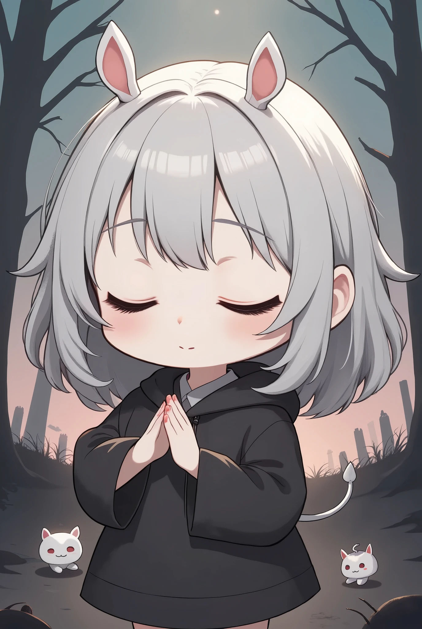 Flat Design, Silhouette Art,anime style, 1chibi character\(short hair,silver hair color,white bunny ears, closed eyes,white skin,peaceful expression,hzk,trk,[dark gothic illustration:dreamy illustration:0.3],\),solo,gentle glow, gradient background,gray and soft blue and soft pink, derelict graveyard, focus on silhouette symmetry,best quality, minimalism, simple background, and 1banana falls on the ground.