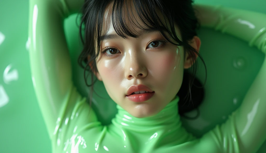 (Highest quality, 4K, 8k, High resolution, masterpiece:1.2), Very detailed, (Realistic, photoRealistic, photo-Realistic:1.37)、smile、Japanese、(Black High Neck Sleeveless Shirt)、(((Bukkake)))、Lips parted,