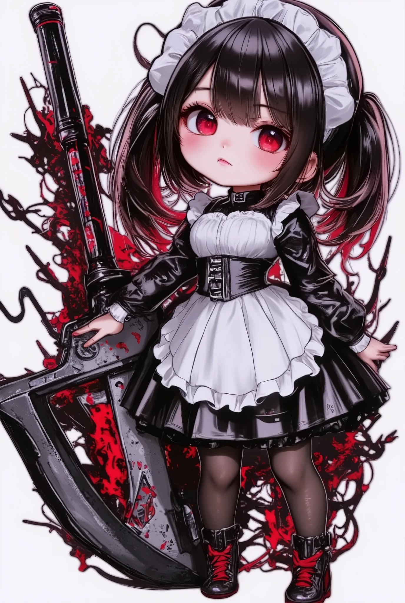 A chibi-style anime character with a gothic maid outfit, featuring short black hair with red highlights and expressive red eyes. She stands confidently, holding a large, edgy weapon adorned with sharp hooks and graffiti-like markings. Her attire includes a frilly white maid headband, dark stockings, and red heels, giving her a cool and rebellious yet adorable look. The overall style is bold and modern, blending classic maid aesthetics with a punk-inspired twist.