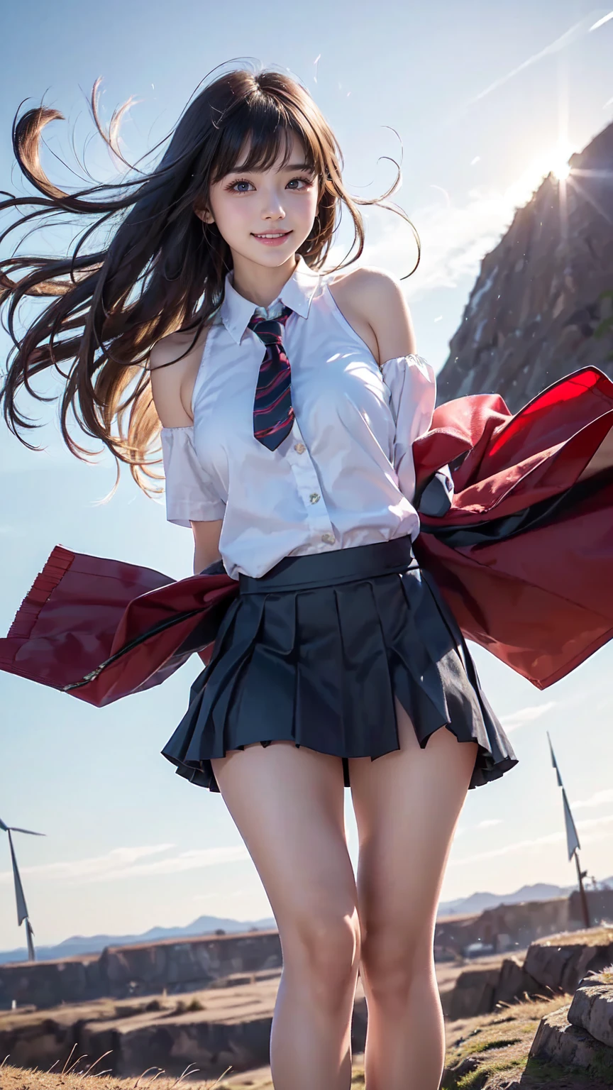 (Girl Standing On School Steps),1 girl, dark blue hair, bangs, long hair, sparkling eyes, long eyelashes, compensate, light smile, Depth of written boundary, one person&#39;perspective, close, from below, wide angle, f/1.8, 135mm, canon, nffsw, retina, table top, Accurate, anatomically correct, rough skin, Super detailed, advanced details, high quality, 最high quality, High resolution, 1080P, 4K, 8K,(学校の階段を上るFemale student),46ポイントの斜めbangs,Female student、((uniform: White blazer with emblem on the chest))、translucent white blouse、(red bow tie)、（( In bright colors,Check stripe)（）、laughter,((Skirt soars in the wind)),((White lace panties are visible))、