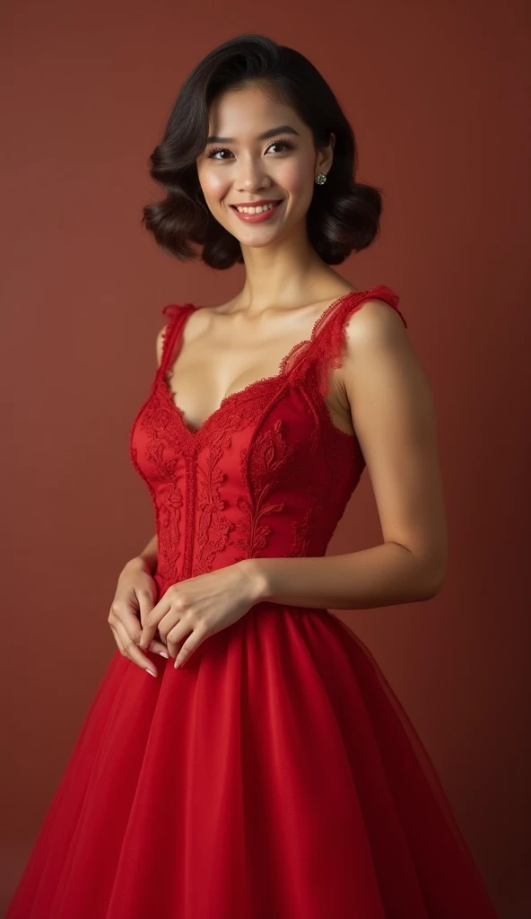 A woman in a red dress posing for a picture