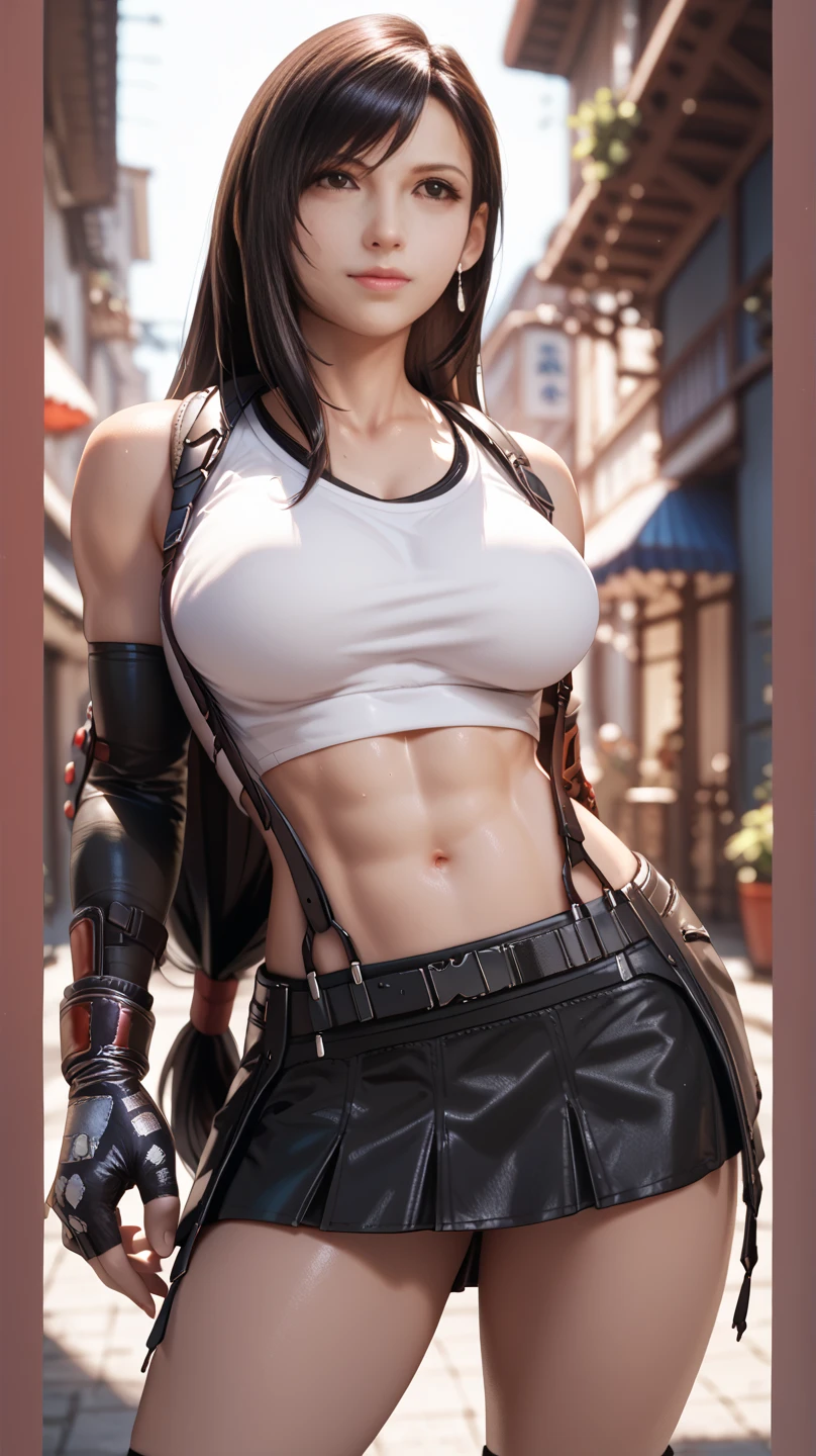  Tifa Lockhart .7rtif, red eyes, black hair, low-tied long hair, earrings, sports bra, black suspenders, pleated miniskirt, black thighhighs, arm guards, elbow gloves, fingerless gloves, red boots