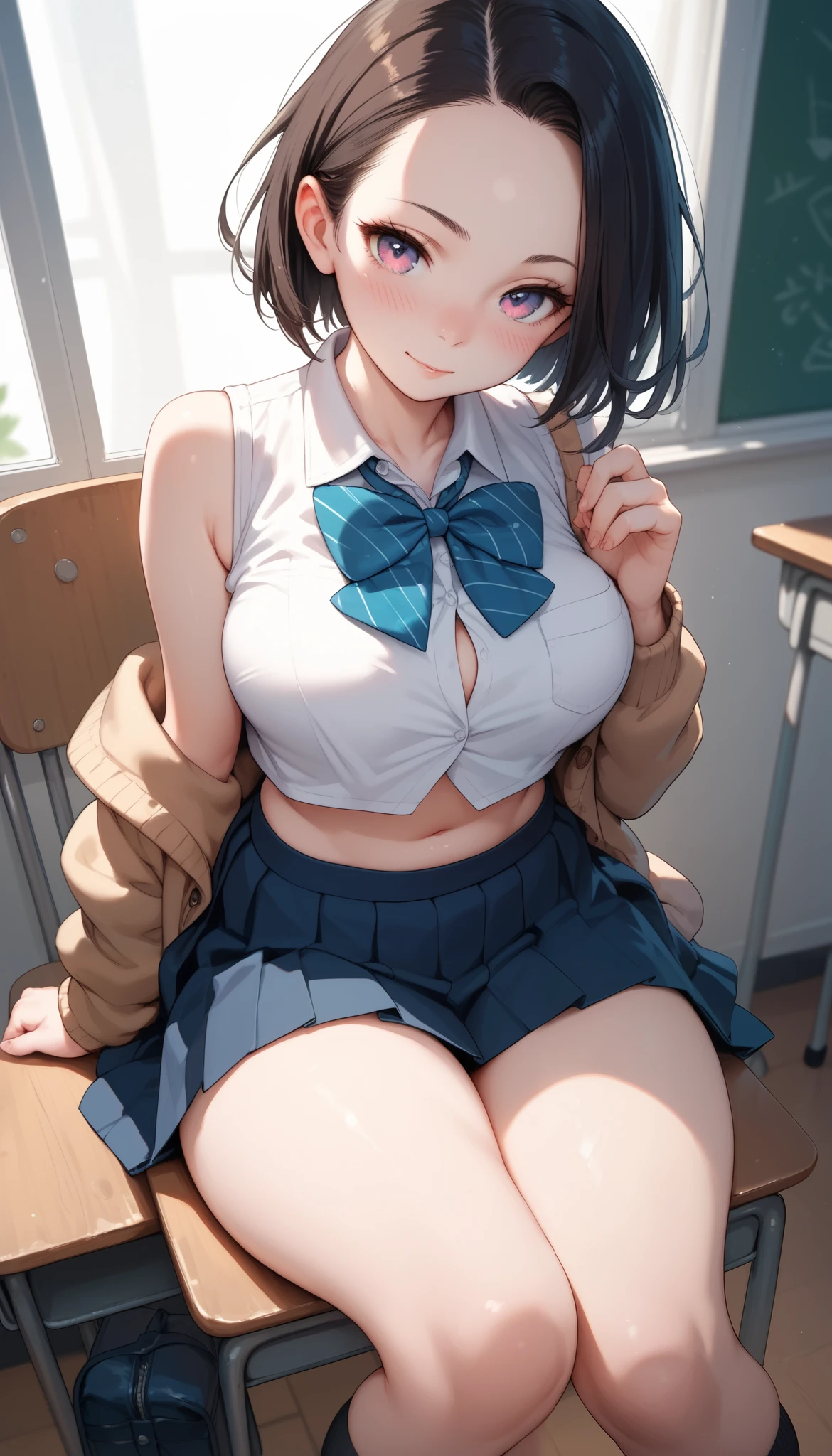 (Two Girls), (Highest quality), (Super detailed), (Detailed light), (Very delicate and beautiful), Brown Hair, Brown eyes, model, (Beautiful big boobs:1.3), Bare shoulders, (Bare Chest:1.2), (High School Uniform, Pleated skirt:1.3), (High  with wide open breasts:1.4), Highest quality, Highly detailed CG synthesis 8k wallpaper, High resolutionRAWカラー写真, Professional photography, (((Bokeh))), Depth of written boundary, Beach, Ocean, Twilight, sunset,　White panties、Brown Loafers、smile、Bright classroom、(((alone))),(((1 girl))),  Slim and beautiful thighs,  Highly detailed skin, masterpiece, Highest quality, 非常にDetailed face, Vibrant colors, Depth of written boundary, Cinema Lighting,, One girl, alone, Brown eyes, Brown Hair, hair ornaments,short hair,Red Check Skirt,blush, White shirt, masterpiece Highest quality High resolution、Sit with your knees bent、Beautiful feet 、On campus、As if looking up from below、Embarrassing,Browsing Caution,White panties,Camel Toe、((Tabletop, Highest quality, High resolution,  Pixel perfect, 4K, ))), 1 Girl, single, alone, Beautiful woman、I could see the whole body、 ((Short Wavy Hair, bangs, Brown Hair)), ((Brown eyes, Beautiful eyelashes, Realistic eyes)), ((Detailed face, blush:1.2)), ((Smooth texture:0.75, Realistic texture:0.65, Realistic:1.1, Anime CG Style)), Medium chest, Dynamic Angle, Perfect body, ((school uniform,  White shirt, Red Skirt, Unbuttoned shirt、Red Check Skirt、White socks)), An empty classroom、Sit at a desk、I took my feet off the desk.、smile、(Lift up your skirt with your right hand、Spread your legs、Knees wide open、white lace panties)、、(Cute Bra)、Angle from below
