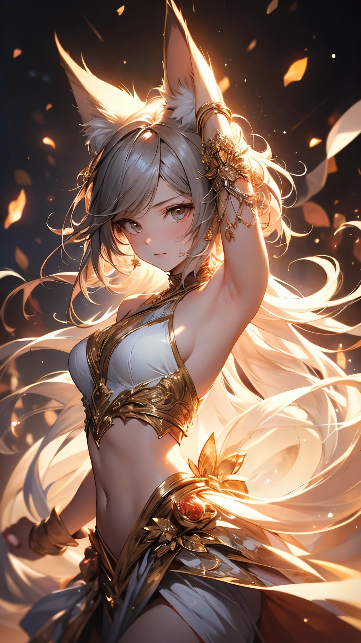 (( top quality)),( ultra high definition),( more details),( detailed explanation ),(( best CG )),( Best Artwork ), Ultra Precision Art,素晴らしい絵画アート,(Exquisite art:1.5),  a woman with animal horns, Tunica, Pure, Mystery, Dancing Particles of Light ,  Unreal Beauty,  animal ears ,