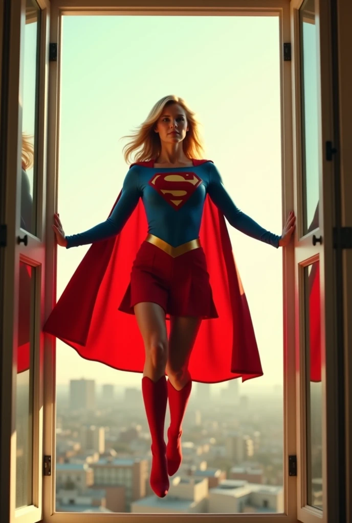 (((very beautiful old Supergirl (((1984s Supergirl movie costume))) Julie Hagerty))) Super oldwoman ; confident, powerful, indestructible, attractive; big and firm chest; strong breasts; flying in through the window and landing delicately inside an apartment; floating outside a window; straight body; view from inside to outside, full body fluttering curtains, night, cinematic lighting, dramatic pose, beautiful detailed eyes, beautiful detailed lips, extremely detailed face and features, elegant, graceful, flowing cape, vibrant colors, hyperrealistic, 8k, high quality, intricate details, photorealistic, masterpiece
