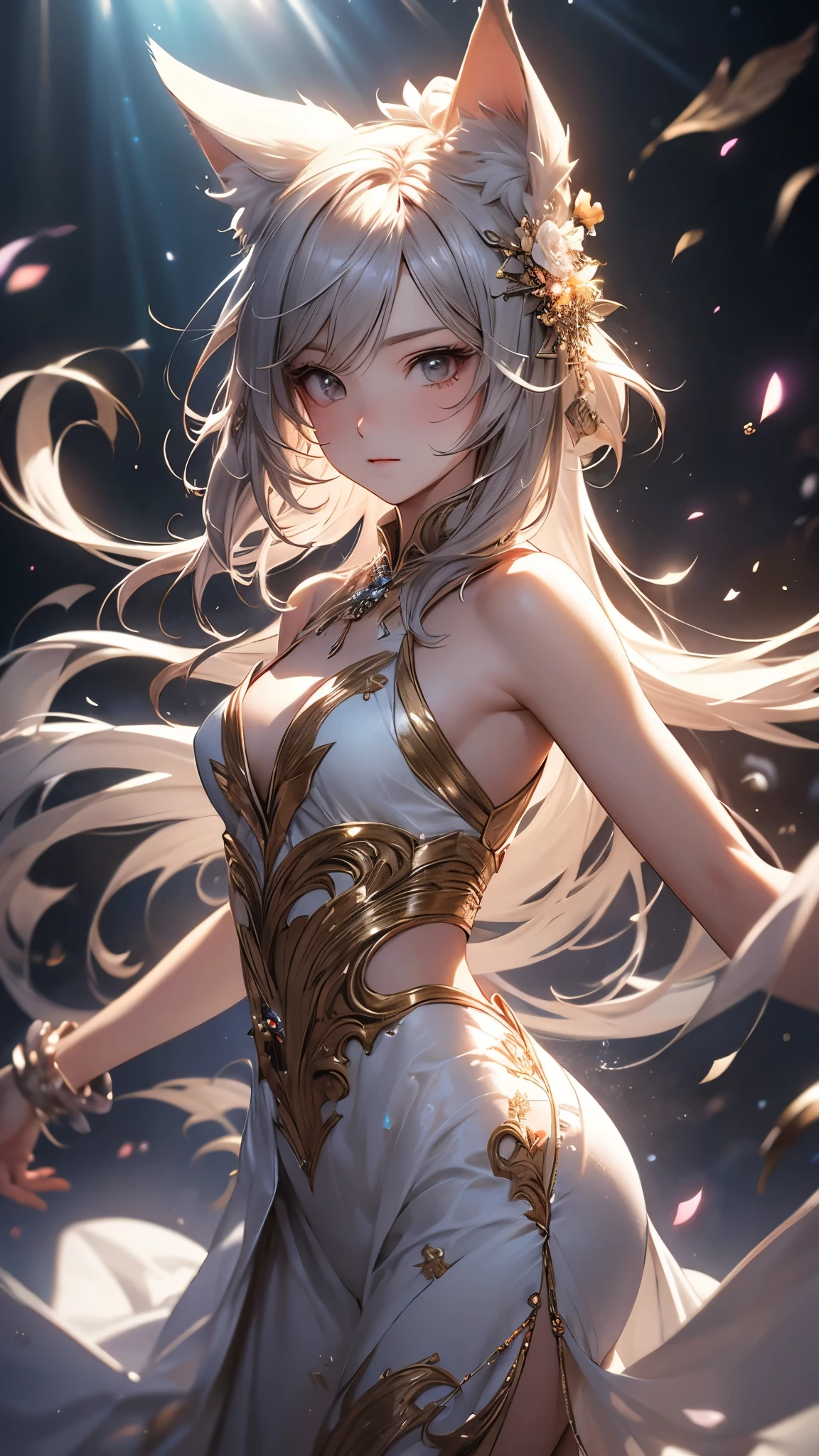 (( top quality)),( ultra high definition),( more details),( detailed explanation ),(( best CG )),( Best Artwork ), Ultra Precision Art,素晴らしい絵画アート,(Exquisite art:1.5), a woman with animal horns, Tunica, Pure, Mystery, Dancing Particles of Light , Unreal Beauty, animal ears ,