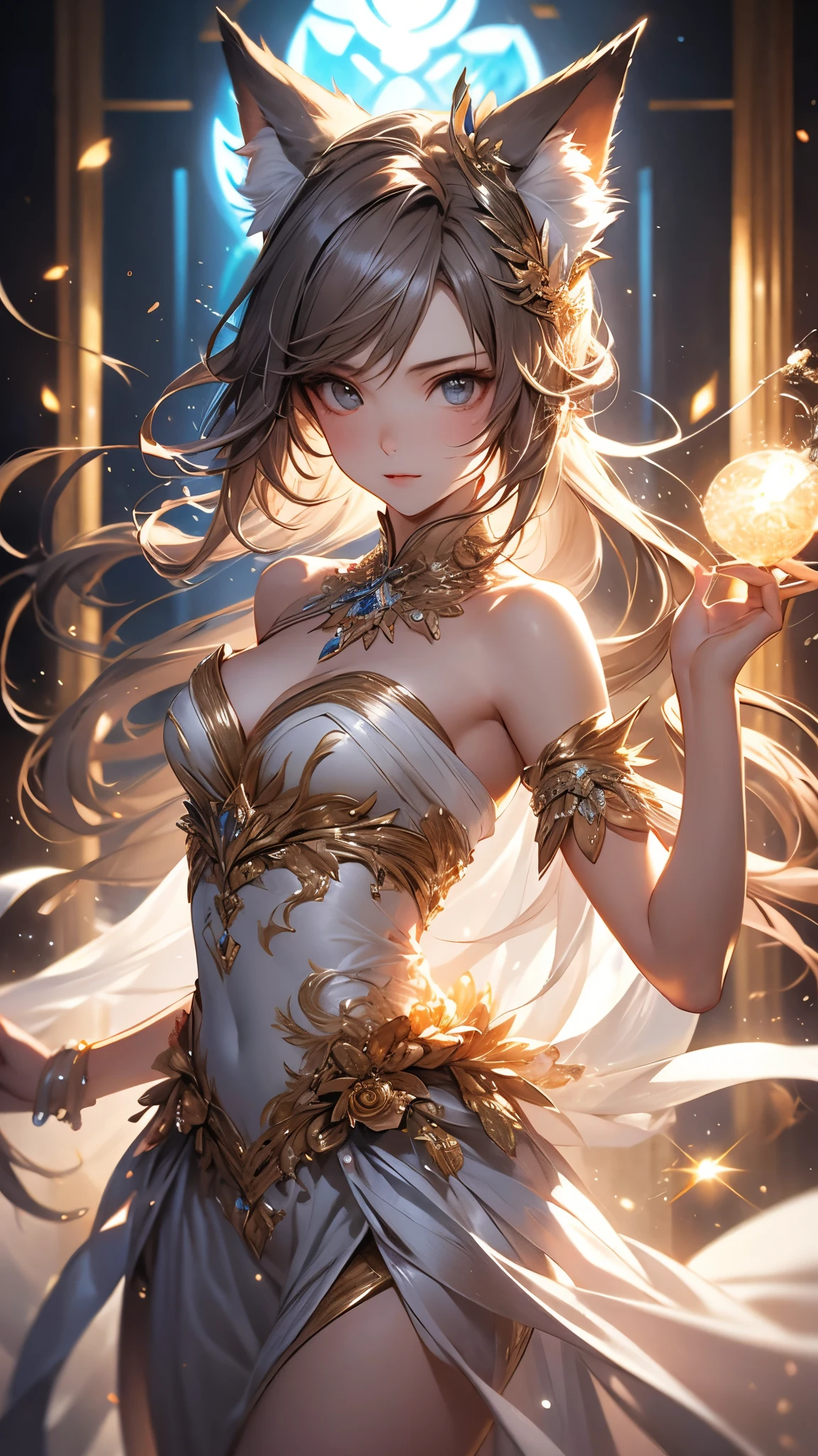 (( top quality)),( ultra high definition),( more details),( detailed explanation ),(( best CG )),( Best Artwork ), Ultra Precision Art,素晴らしい絵画アート,(Exquisite art:1.5),  a woman with animal horns, Tunica, Pure, Mystery, Dancing Particles of Light ,  Unreal Beauty,  animal ears ,