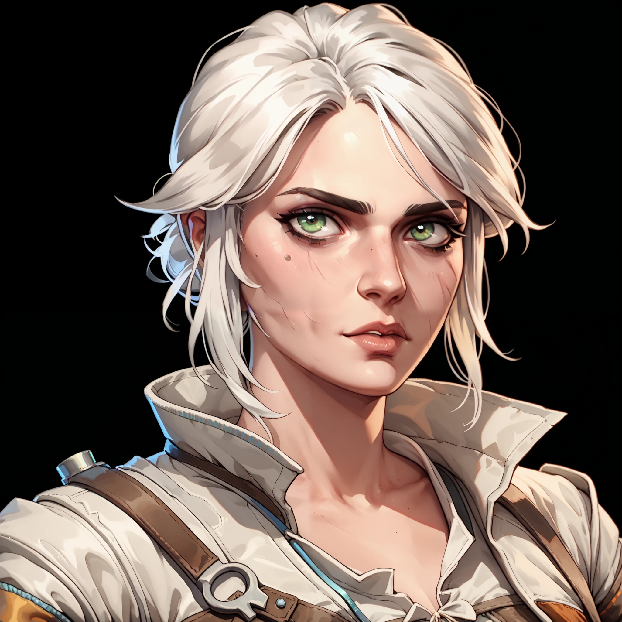 one woman, ciri, (green eyes:1.2), white hair, (upper body:1.3), (black background, clear background:1.5), (white military jacket:1.2), (studio lights, deep shadows:1.3), (small chest:1.2)