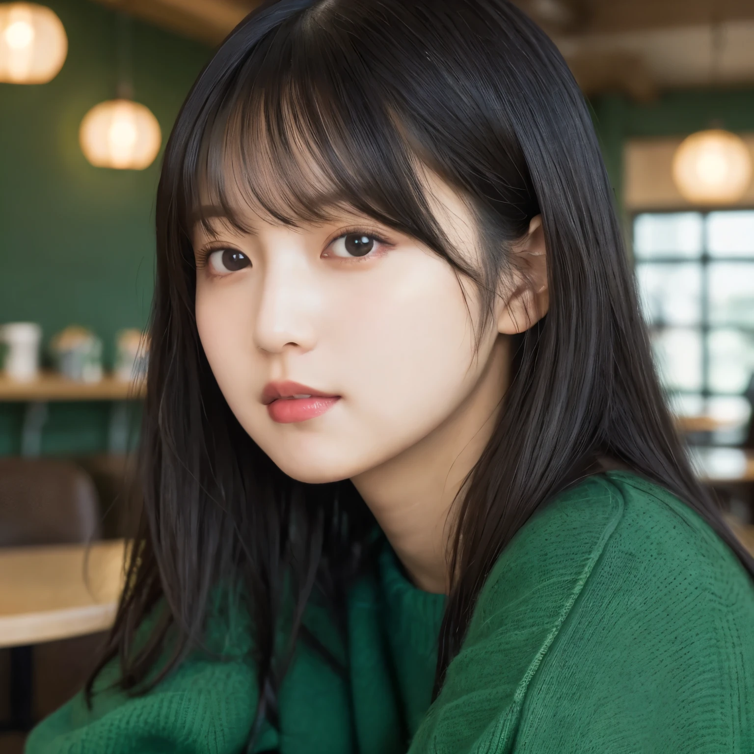 Inside the bright cafe, Picture above the shoulder , Green Sweater, Cheek resting on hand,  girl, busty,  black hair,  straight hair,  with bangs, 's greatest masterpiece,  professional lighting, Lighting from the front, reflex version