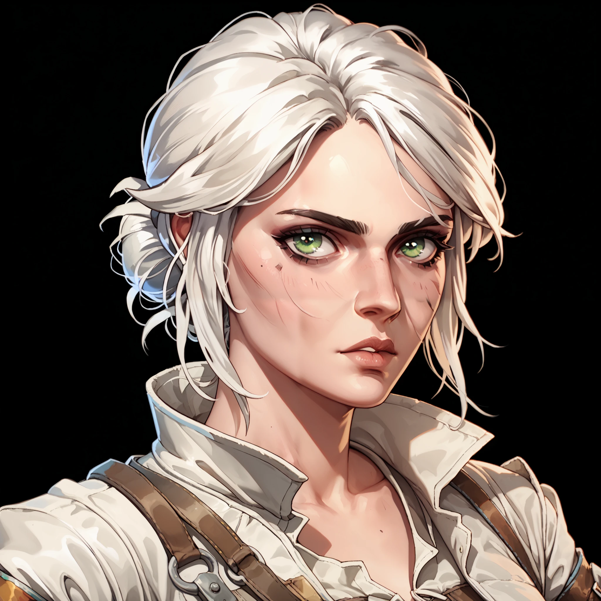 one woman, ciri, (green eyes:1.2), white hair, (upper body:1.3), (black background, clear background:1.5), (white military jacket:1.2), (studio lights, deep shadows:1.3), (small chest:1.2)