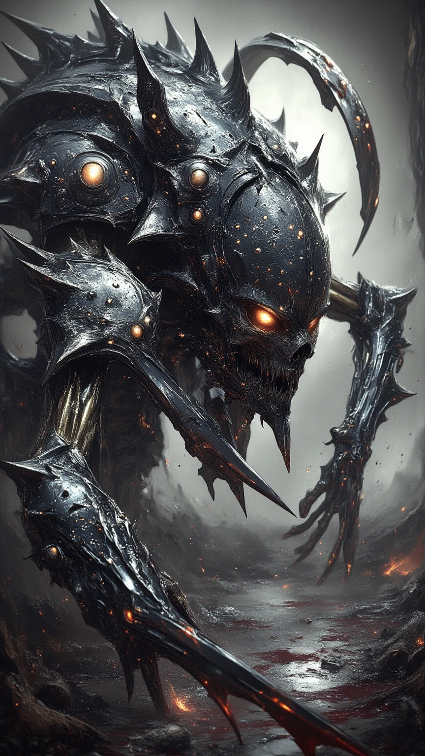 score_9, score_8_up, score_8, a large robotic mech suit, incredibly detailed, glowing demonic features, with horns, cleavage, mechanical jaw, long wild robotic hair, massive metal jagged jaw, side view, animalistic, realistic metal look, big glowing metal eyes, covert, sneaky, scary, horrific, long tail, surrounded by black neon smoke, in a destroyed city, towering above humans