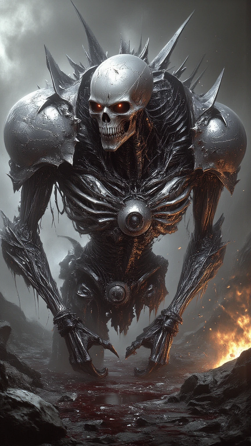 A towering, skeletal figure stands over 20 feet tall, its bony frame wreathed in flickering, ethereal flames. Its elongated, misshapen skull has hollow, sunken eye sockets that seem to pierce the soul. Wisps of smoke curl from between its exposed, jagged teeth. Massive, clawed hands tipped with razor-sharp phalanges hang at its sides, radiating intense heat. As it moves, the ground trembles beneath its thunderous steps, leaving a trail of smoldering destruction in its wake, no humane features