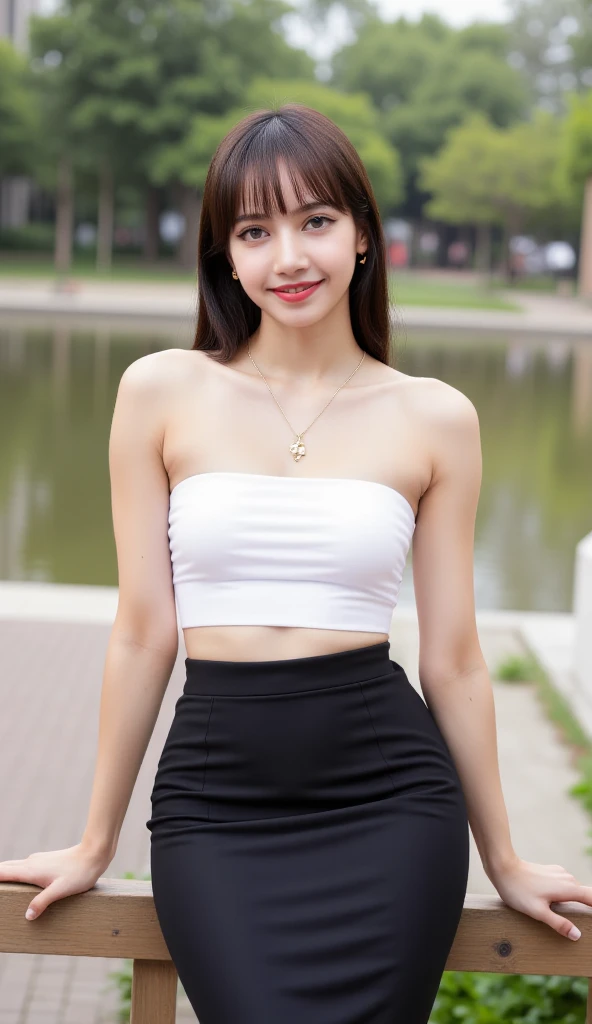 cute addorable face, crop top and shorts,handsin detail, full body in sharp detail, best, quality, masterpiece, crisp focus, black lon hair, large breasts, fair skin, doe eyes, slender abs, highly detailed face and skin texture, detailed black eyes, curtain bangs hair style and pony tail in sharp detail, nature background, soft smiley face with a nose pin and ear rings, red lipstick in great detail.