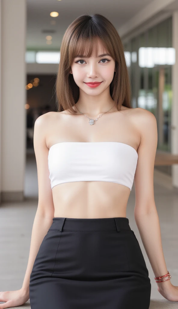 (8K, Realistic, RAW Photos, Highest quality: 1.4, detailed),Japanese idol-style beautiful girl,1 person,18-year-old,(Short Bob),(Silver Hair :1.1),She has her hair tucked behind her ears,Large, clear grey eyes,Long eyelashes,(piercings(small)),(Lip gloss),lips(Plump,glossy),Translucent white and finely textured skin,thin long neck,Breast of beautiful shape,thin abdomen,Firm waist,Upward hips,Tube top(Linen fabric,shirring),Denim shorts,shoes,Seaside café terrace,Looking at the camera and smiling gently,Front view,Full body portrait