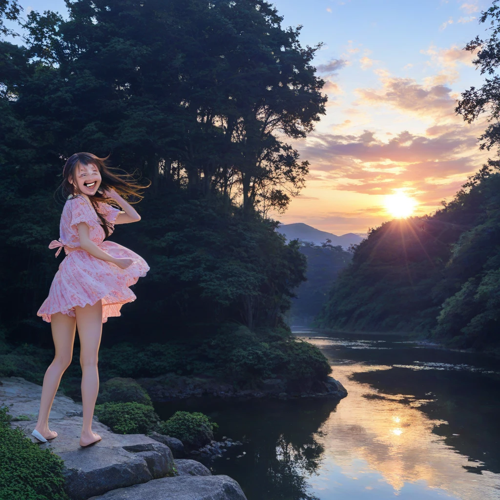 1girl, standing on the platform of bridge, in middle of bridge, by the side of the road, in evening, moon light, barefoot, wearing pink short gown, curtain grab, curtains, covered navel, covered, black hair, sheet grab, standing, raised head a little and looked at the sky, smile, solo, tail, lily_\(flower\), looking a viewer, (flat chest:1.2), solo, beautiful and delicate detailed girl, illustration, unity 8k wallpaper, masterpiece, best quality
