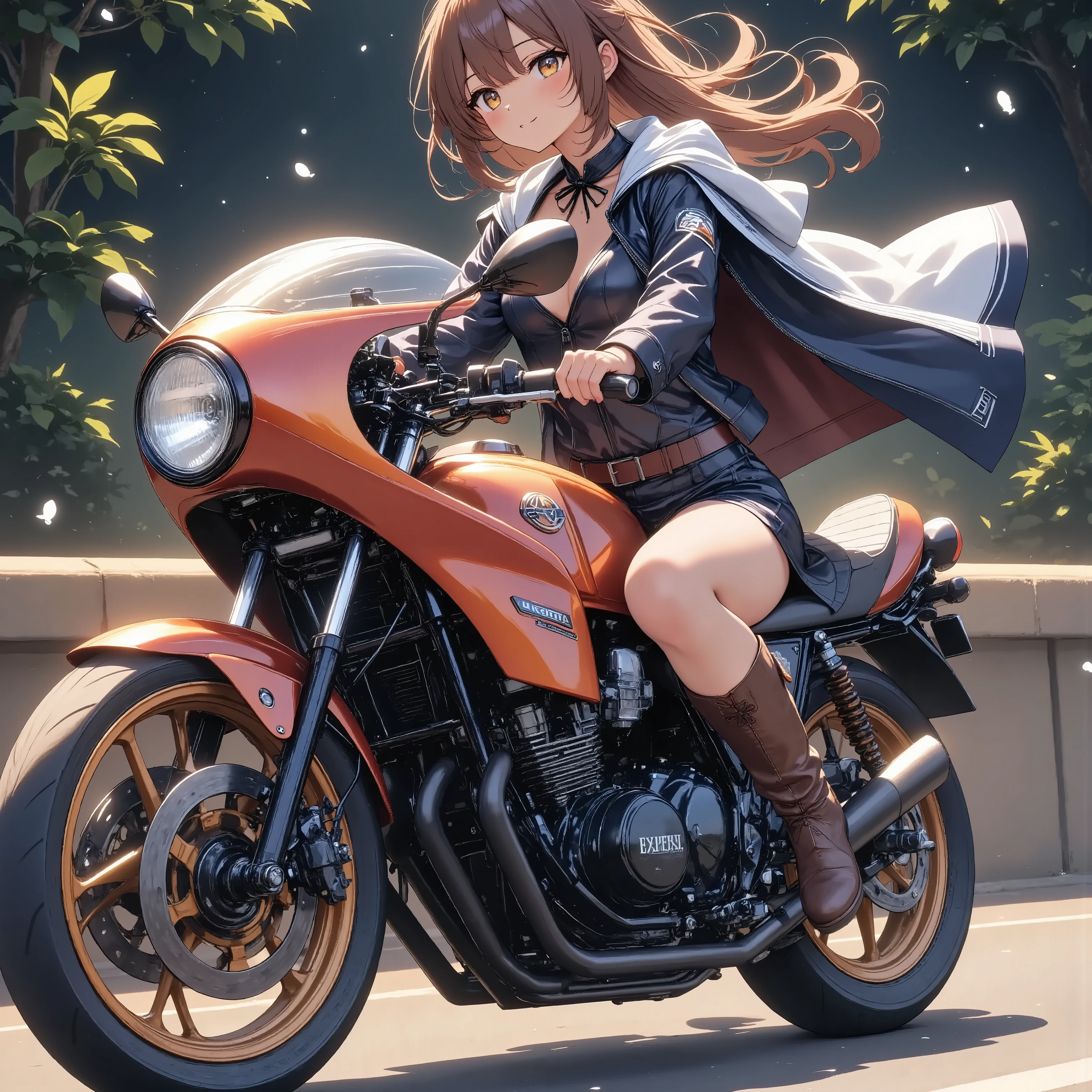 A Beautiful Woman on a Motorcycle  +Glossy Brown Skin  +Long Slim Leather Boots  + coat of slim leather  +Perfect face. 、 top quality,  wolf cut,  movie light effect, 